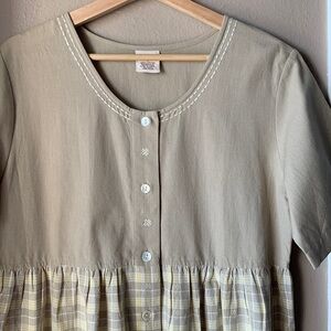 BECHAMEL Tan and Yellow Prairie Plaid Short Sleeve Midi Dress